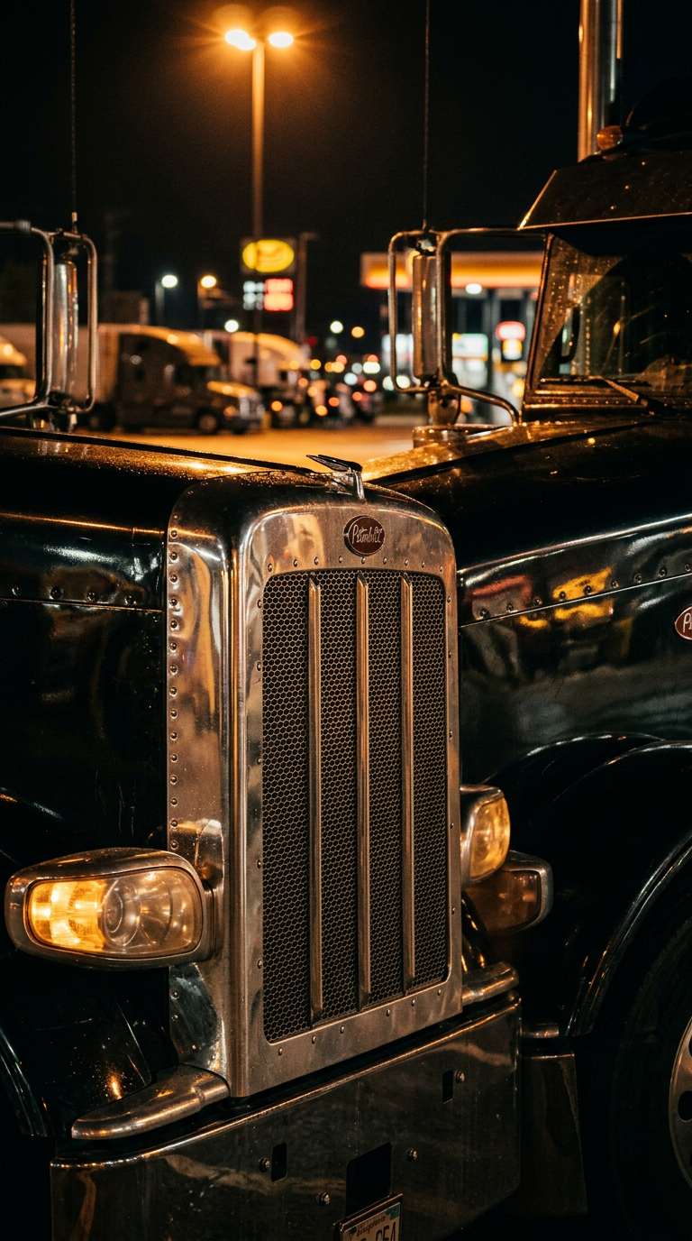 Close-up of a dark semi-truck cab and chrome grille under amber truck-stop lights at night